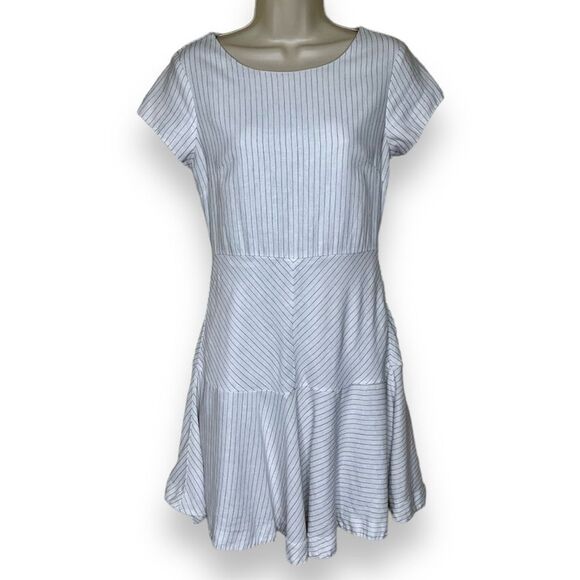 Banana Republic Linen Pinstripe Flutter Sleeve Flounce Hem Dress Women Size 4 - Picture 1 of 15